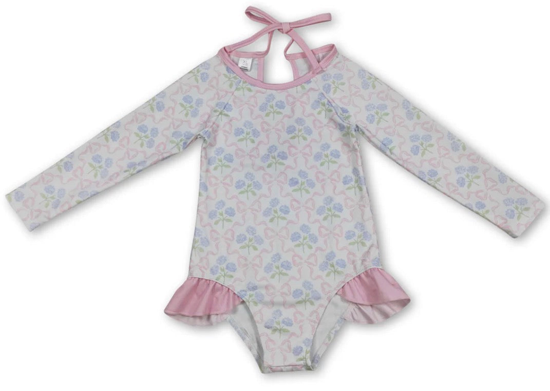 Long sleeves bow floral baby girls one piece swimsuit