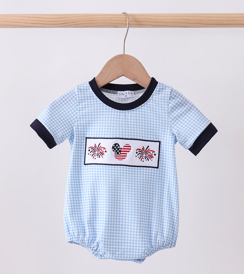 Blue Character Embroidery Gingham Bubble