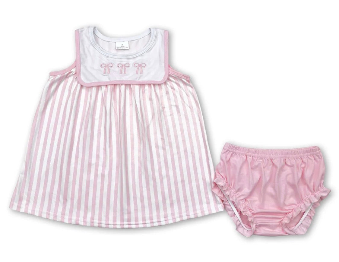 Pink bow stripe bummies set