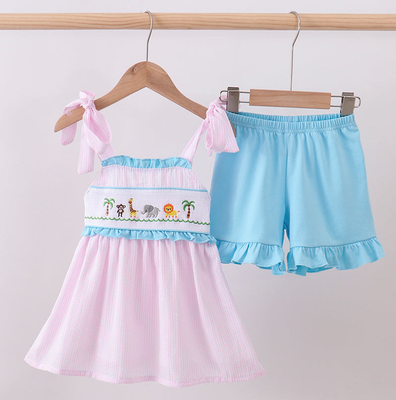 Pink Stripe Seersucker Smocked Ruffle Set